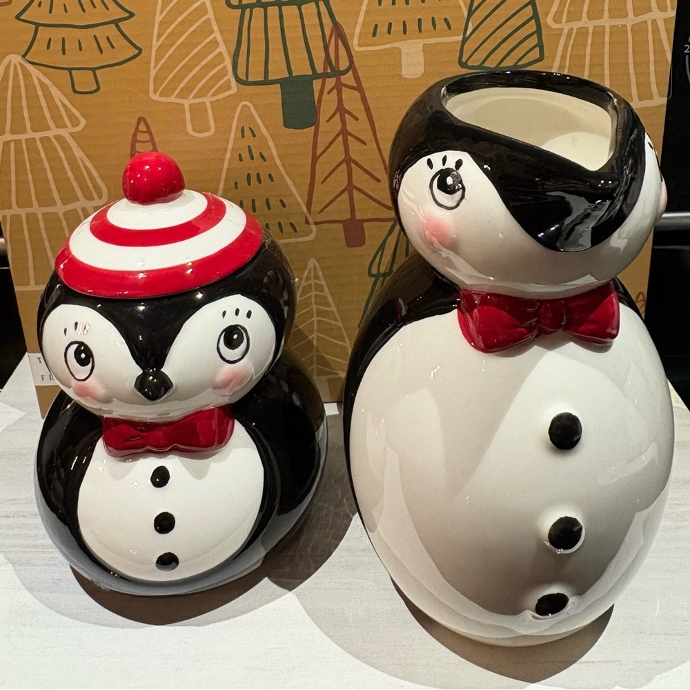 Penguin Ceramic Figurine Set with Red Accents
